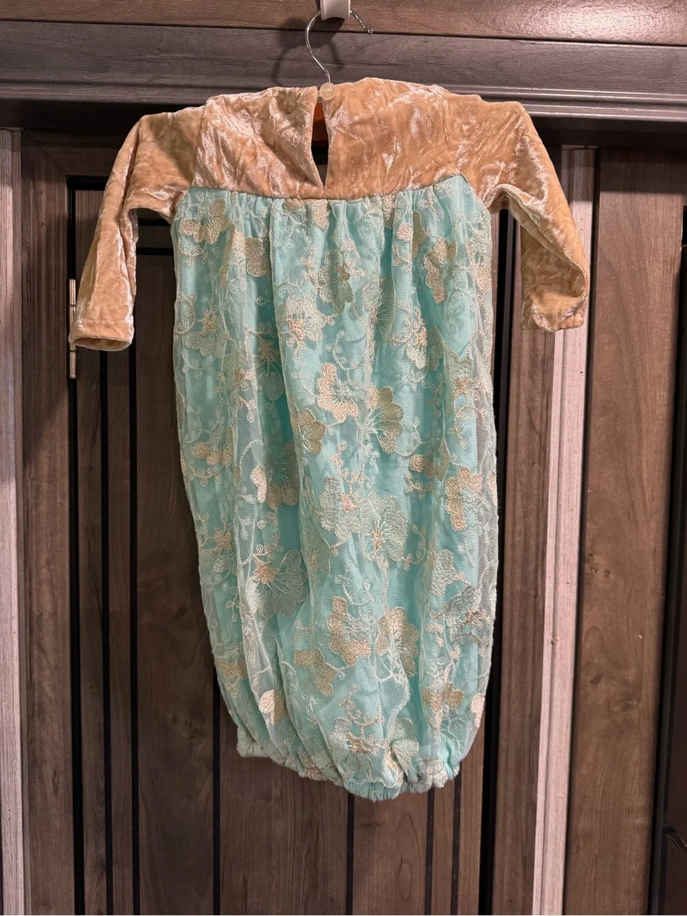 Isobella & Chloe Teal and Gold Lace Infant Sleep Sack with Velvet Accents